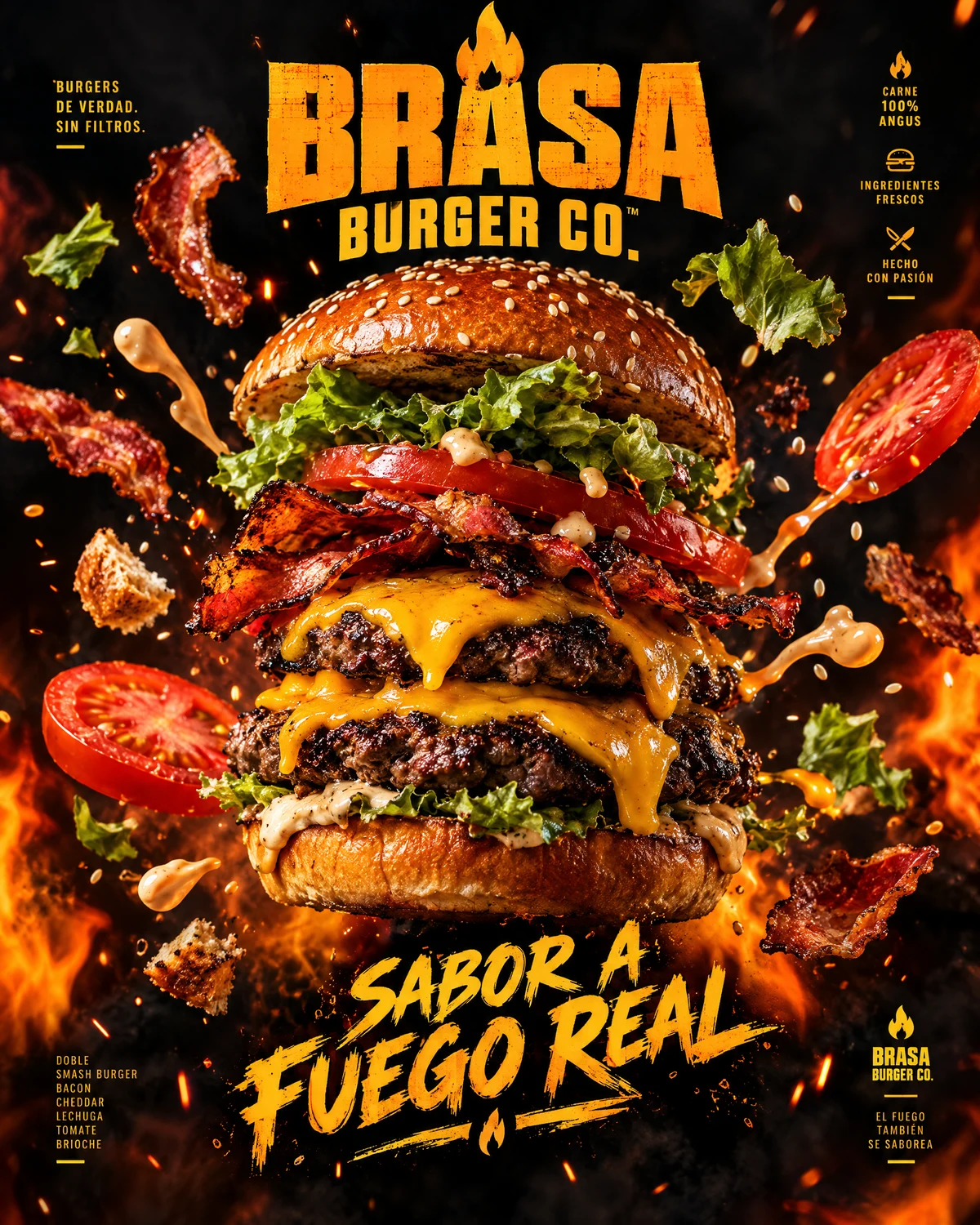 Hamburguesa con queso, vegetales y fuego; anuncio conceptual de marca ficticia
