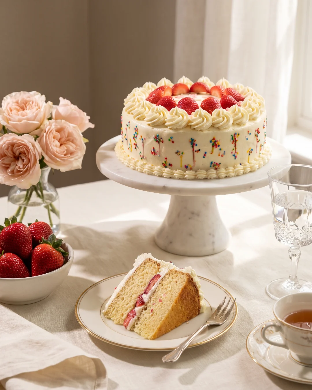 La misma torta de fresas en una escena editorial creada con IA