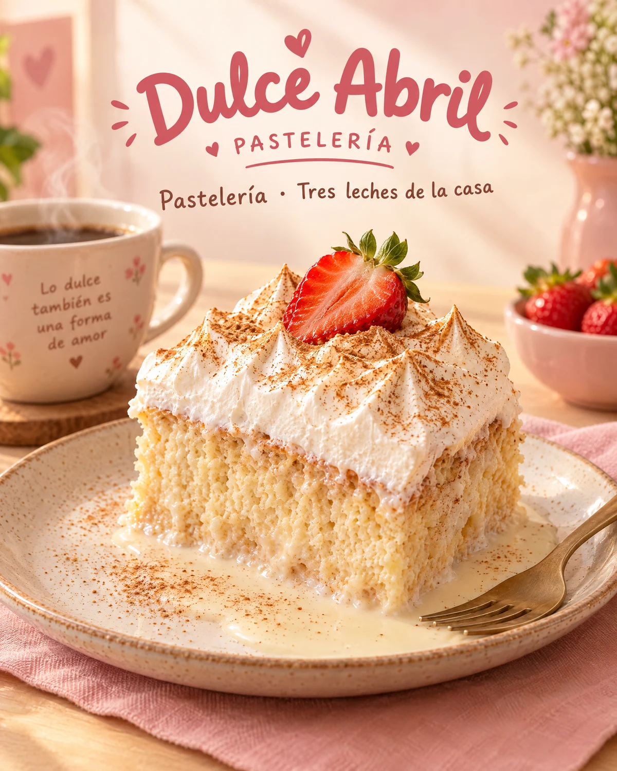 Pastel de tres leches con fresa; anuncio conceptual de pastelería ficticia