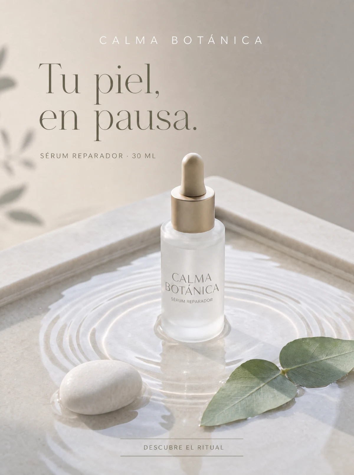 Póster de Calma Botánica: sérum en agua quieta; concepto de cosmética de marca ficticia