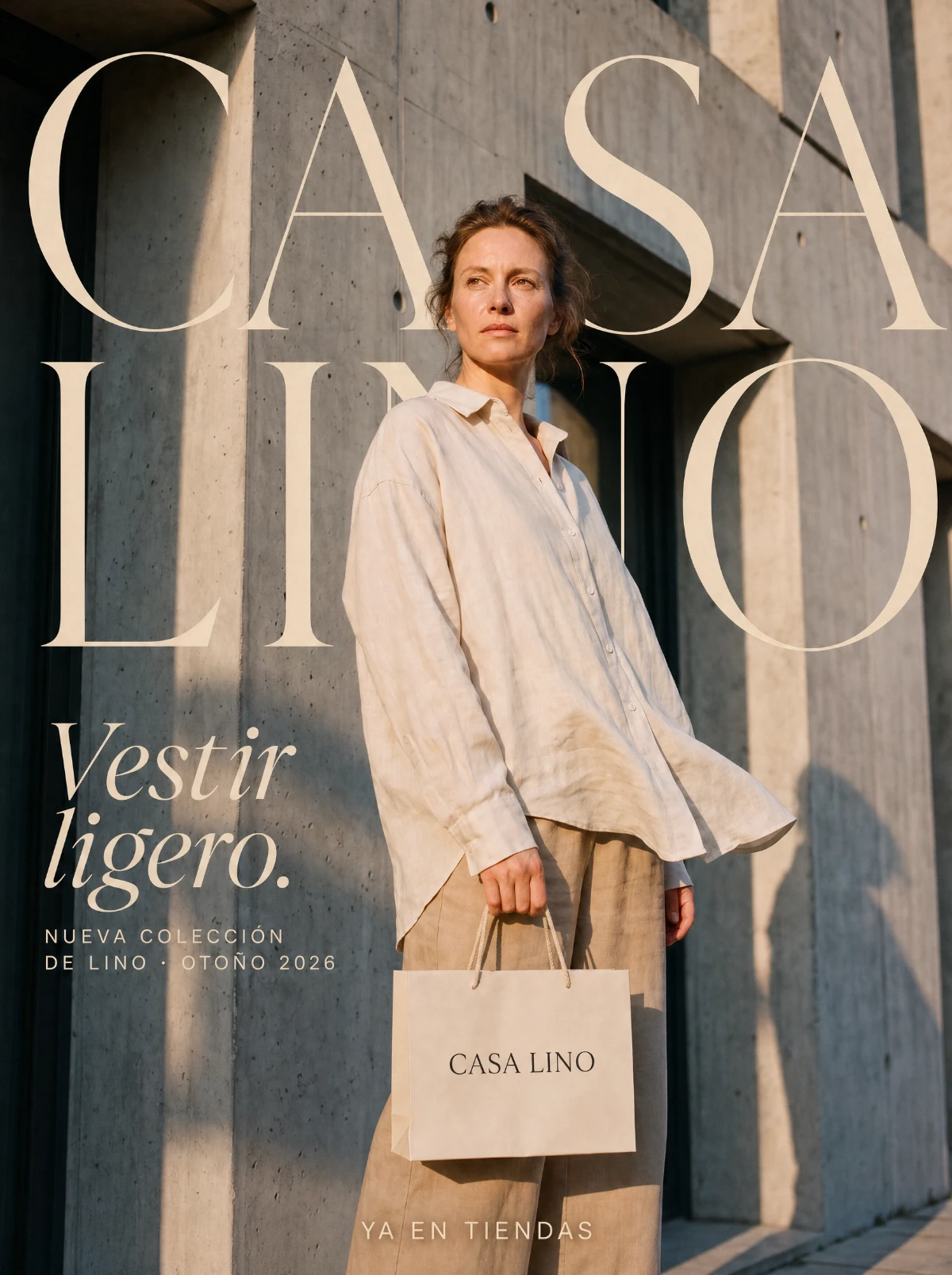 Póster de Casa Lino: mujer vestida de lino frente a arquitectura de concreto; concepto de moda de marca ficticia