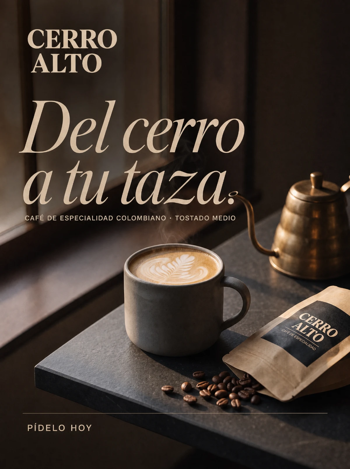 Póster de Cerro Alto: taza de café y bolsa de café de especialidad; concepto de marca ficticia