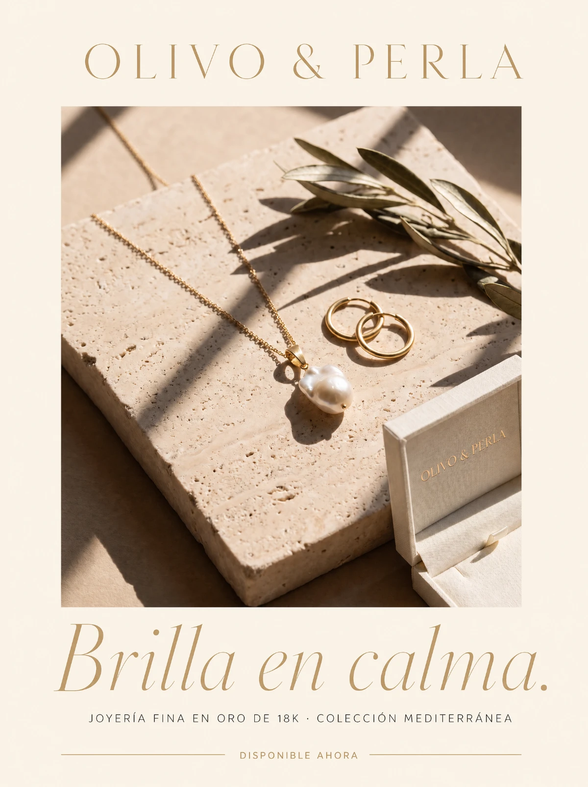 Póster de Olivo & Perla: collar de oro con perla barroca sobre travertino; concepto de joyería de marca ficticia