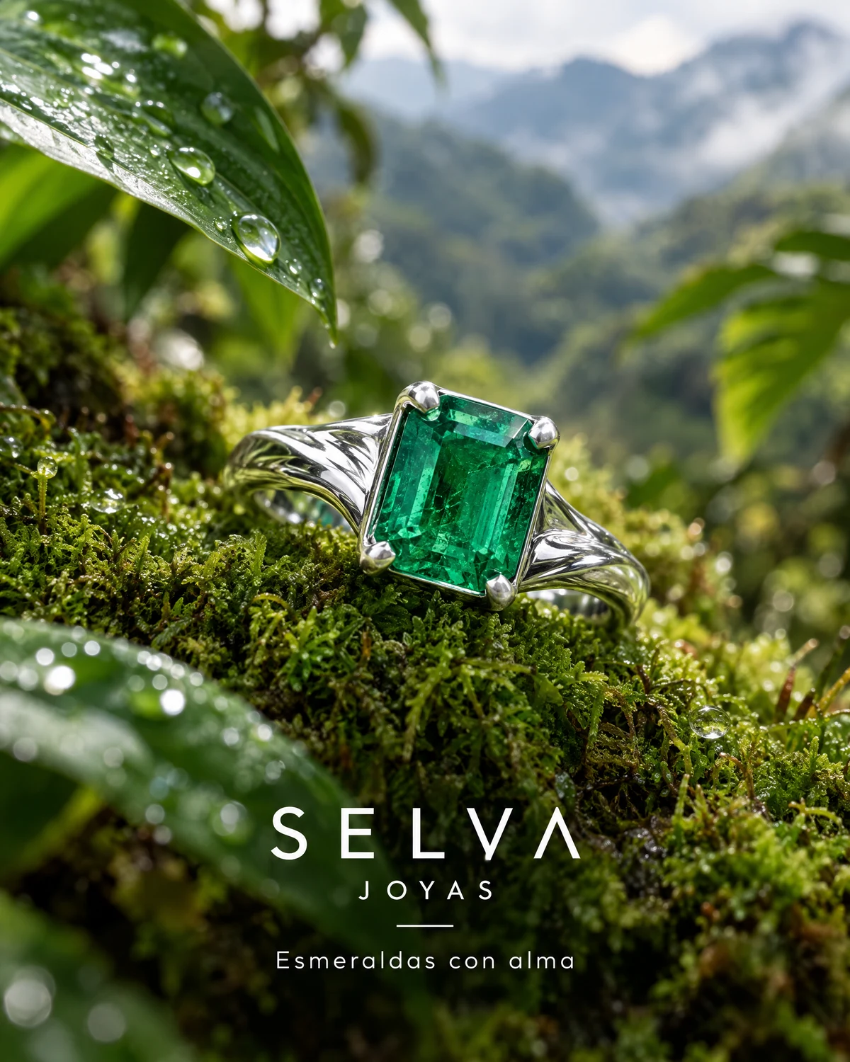 Anillo con piedra verde sobre musgo; anuncio conceptual de joyería ficticia